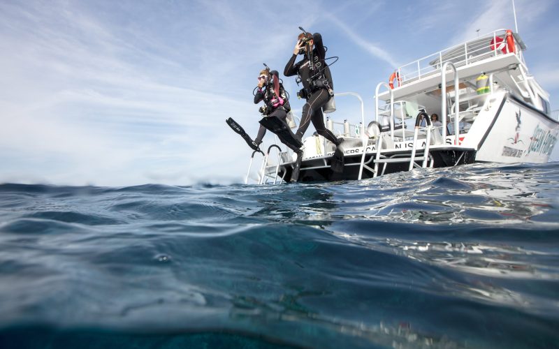 Diver preparing for a boat dive in Malaga, learning safe entry techniques during the PADI Boat Diver course.