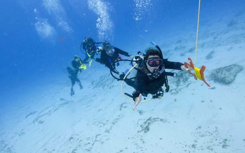 Drift diver navigating currents along a reef with Wahoo Divers Malaga guidance.