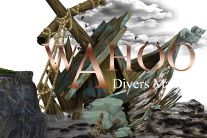Wahoo Divers Malaga – Shipwreck Diving Experience Illustrated shipwreck scene with wooden debris, ropes, rocks, and ocean elements featuring the Waho Divers Malaga logo