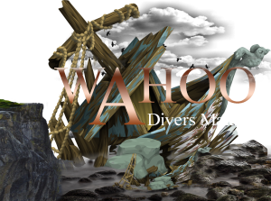 Wahoo Divers Malaga – Shipwreck Diving Experience Illustrated shipwreck scene with wooden debris, ropes, rocks, and ocean elements featuring the Waho Divers Malaga logo